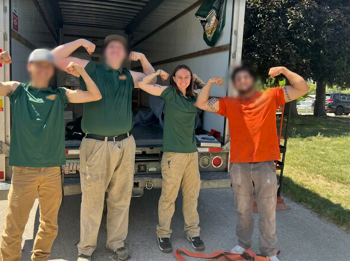 Izzy with her moving crew in front of a 26-foot truck