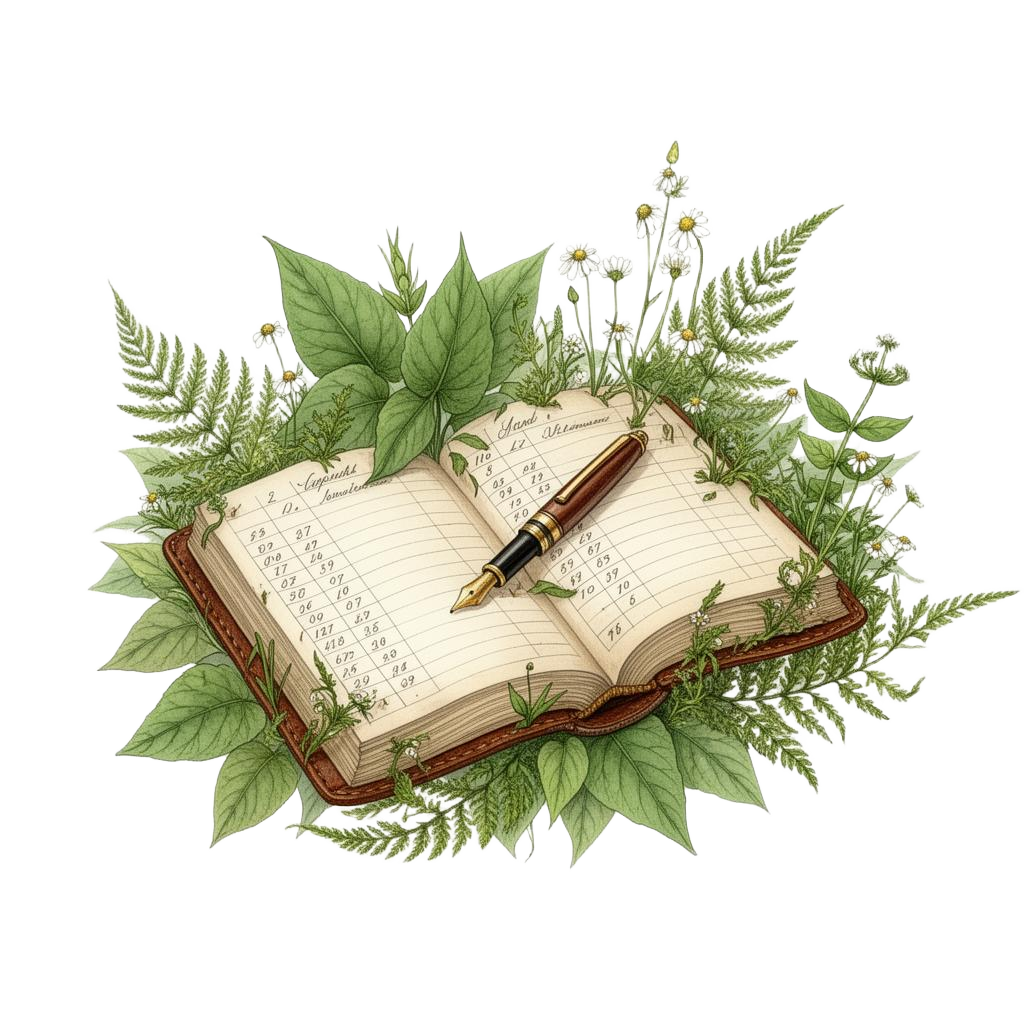 Botanical illustration of an open ledger surrounded by leaves and wildflowers