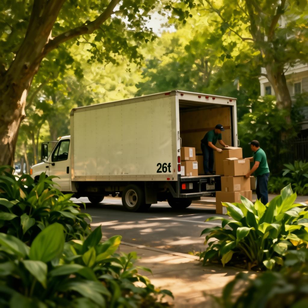 Movers loading boxes from a 26-foot moving truck on a leafy tree-lined street
